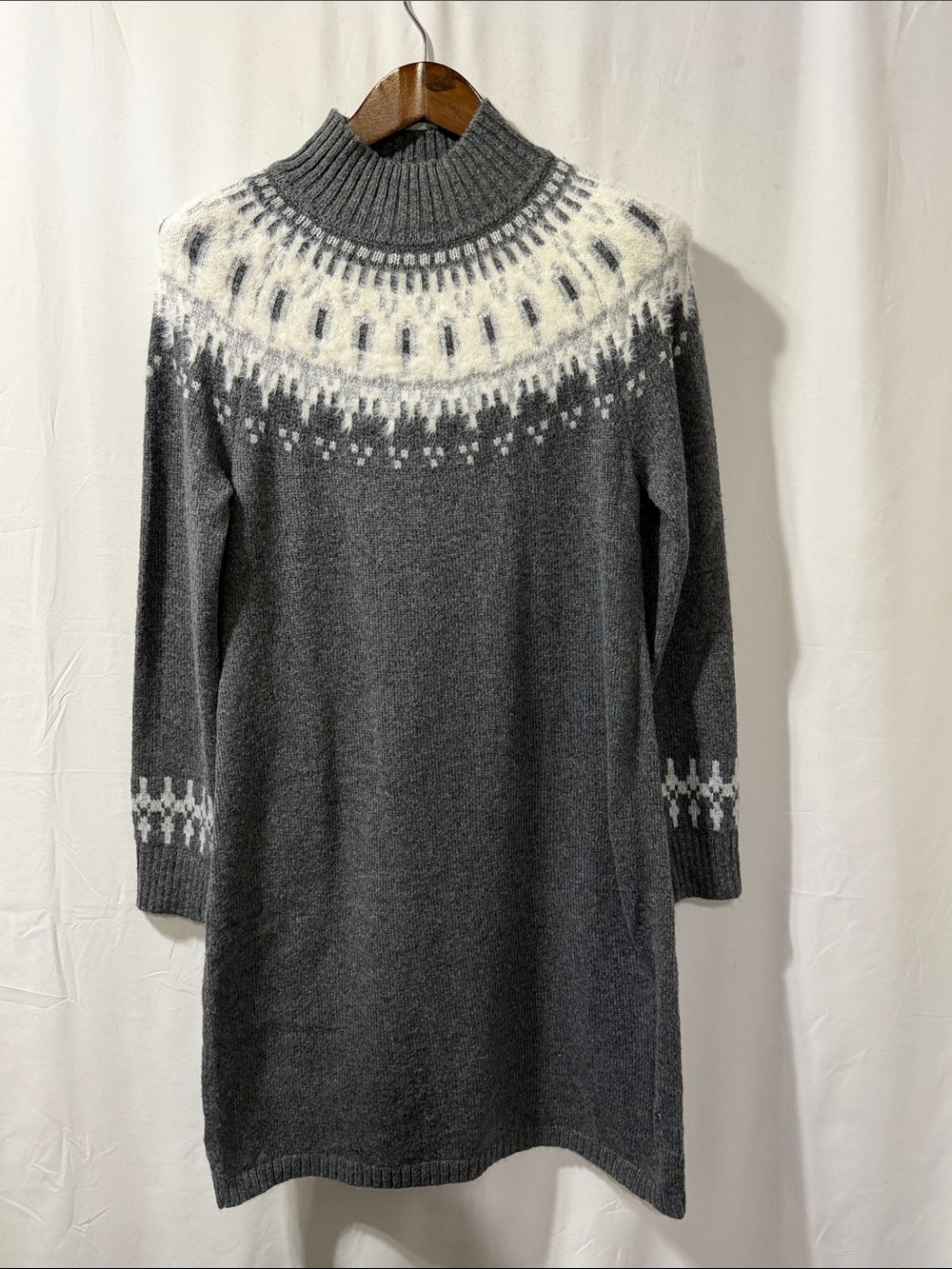 Talbots Charcoal Gray and White Fair Isle Turtleneck Sweater Dress